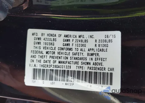 2016 Honda Accord Lx z USA, uszkodzony, nr VIN 1HGCR2F39GA001329